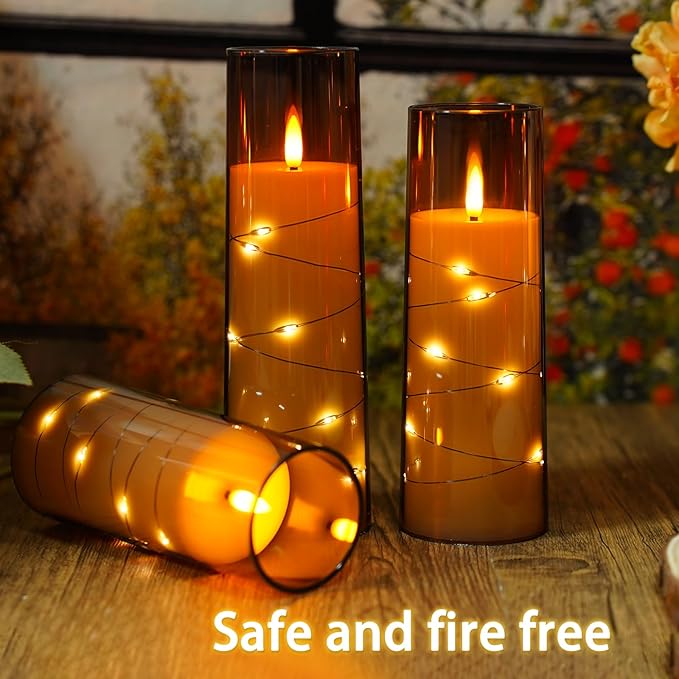 Flickering Flameless LED Candles, 9 Pcs with Embedded Star String, Acrylic LED Pillar Candles with Remote, Suitable for Home Decoration (Grey)