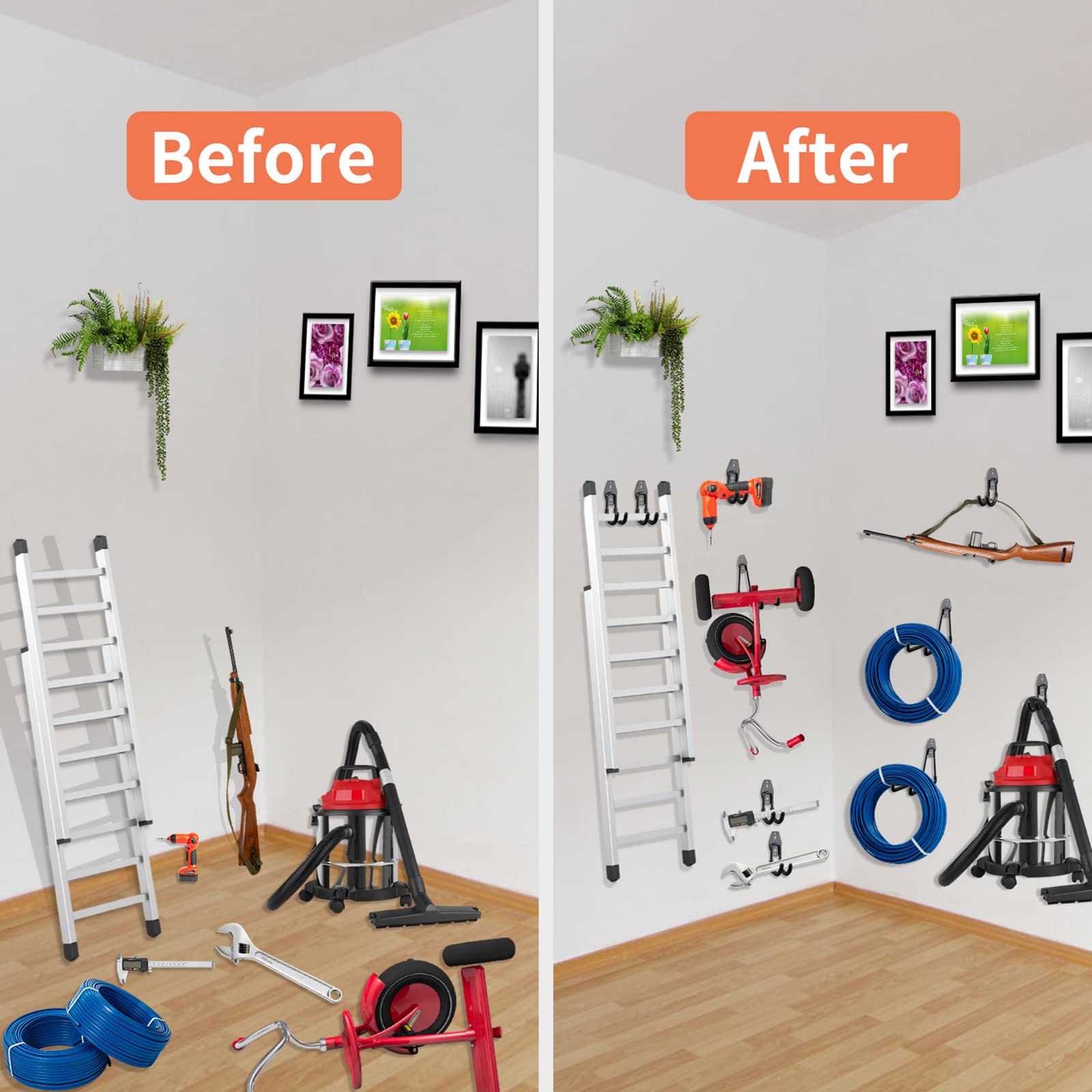 HUPBIPY 12 Pack Garage Hooks Heavy Duty Utility Steel with Anti-Slip Coating Wall Mount Storage Organizer for Hanging Power and Garden Tools, Ladders, Hose, Bikes, Ropes, Bulk Items, and More