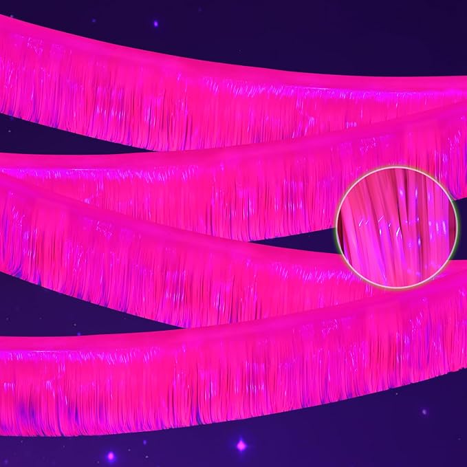 Mega-L Glow in The Dark Party Supplies, 4 Pack Foil Fringe Garland Birthday Party Decorations 9.8 ft Fluorescent Macaron Fuchsia Metallic Tinsel Streamers Banner, Glitter Photo Booth Prop Table Skirt