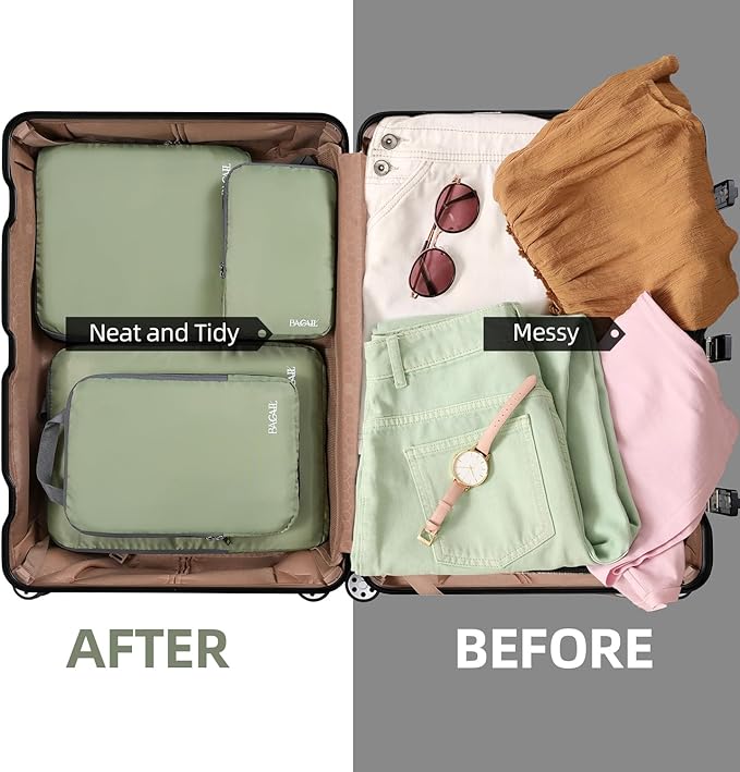 BAGAIL 4 Set/6 Set/8 Set Compression Packing Cubes Travel Accessories Expandable Packing Organizers (Cloth Pattern, 4-Matcha Green)