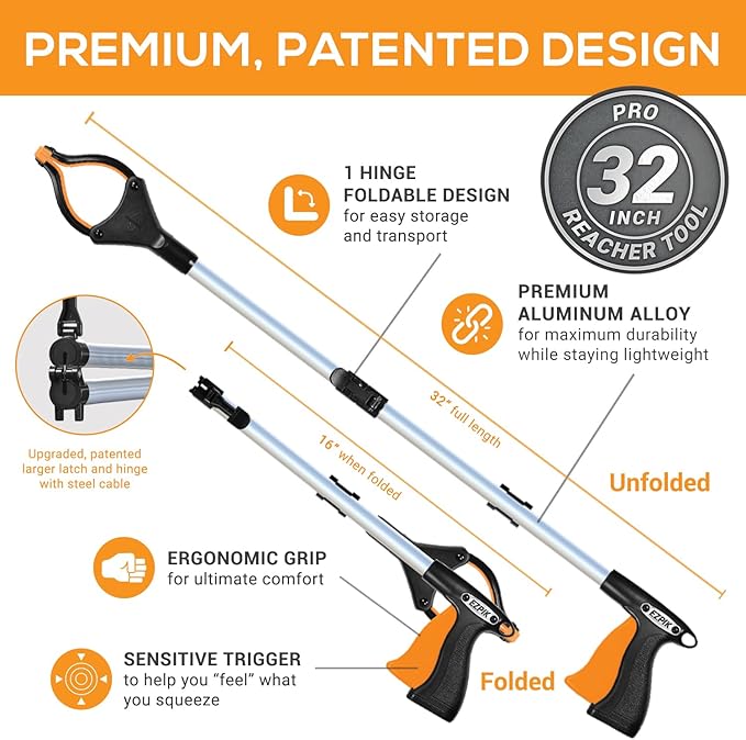 EZPIK® Grip Aid Tool Grabber Reacher + Magnets - Grabbers for Seniors, Trash Picker Upper Grabber - Trash Grabber Tool- Reacher Grabber Pickup Tool (Silver, 32″ (Pack of 2))