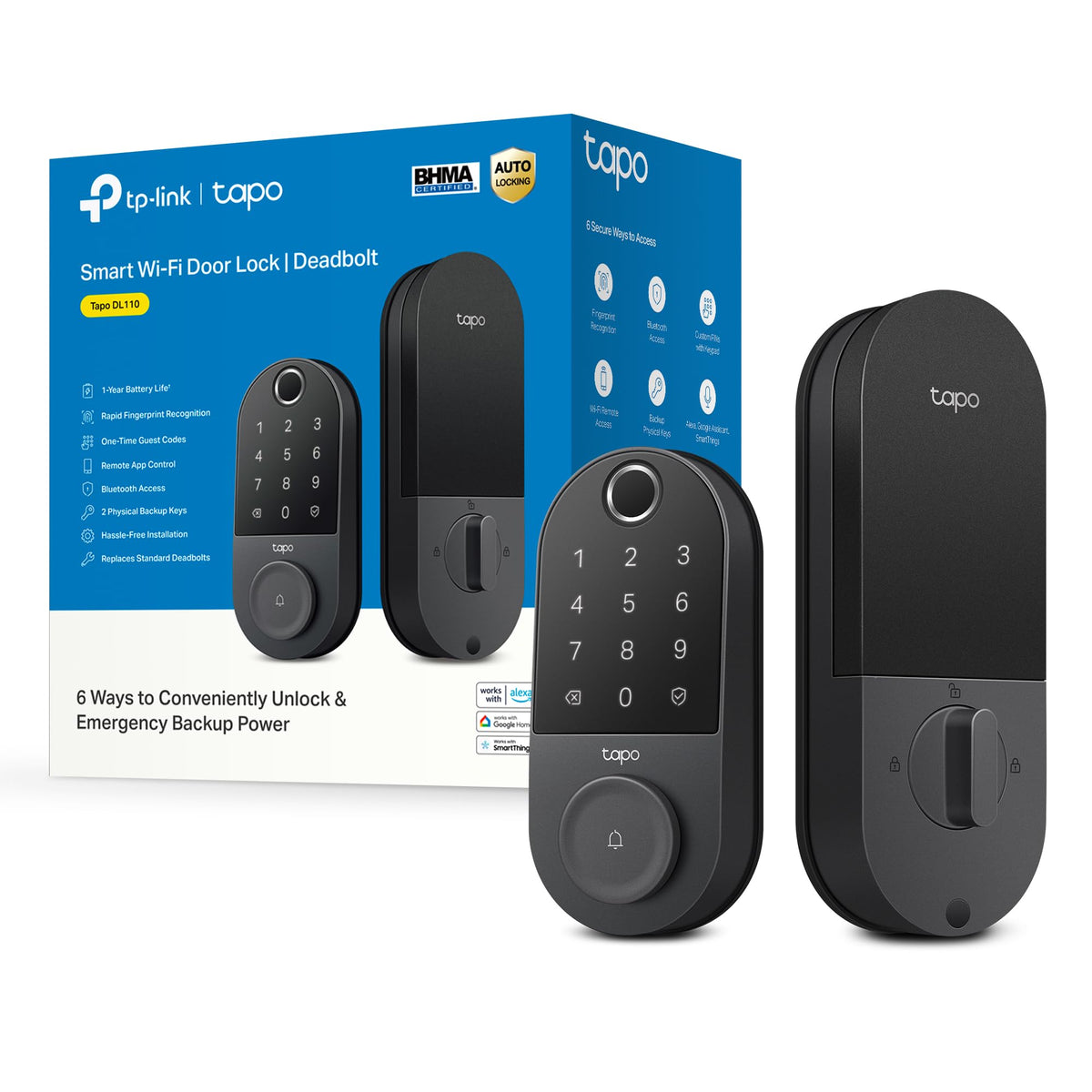 Tapo Smart Wi-Fi Door Lock, Deadbolt | Keyless Entry, Fingerprint Recognition, Touchscreen Keypad & in-App Monitoring with Scheduled Access|1-Year Rechargeable Battery | BHMA Grade 2 | DL110