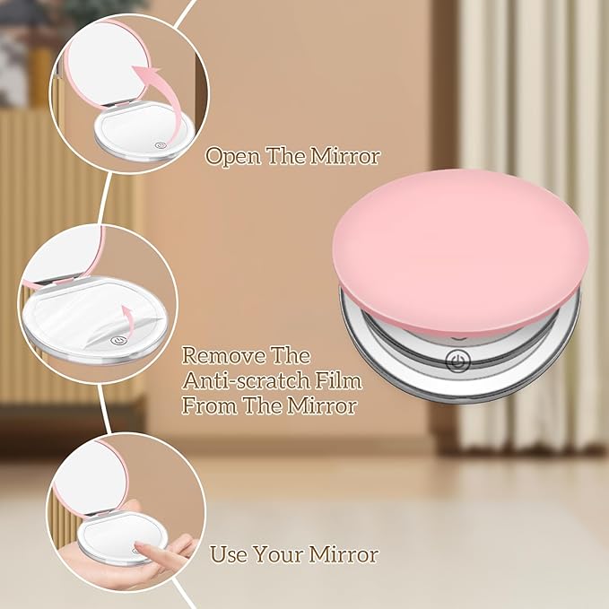 Compact Mirror with Light, 1X/3X Magnification LED Pocket Mirror with USB Data Cable,Mini Mirror for Purse, Pocket,Travel and Present (Pink)