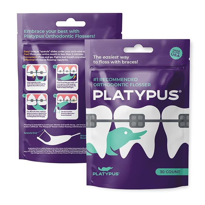 Platypus Orthodontic Flossers for Braces, 30 Count (Pack of 6), Ortho Picks for Adults & Kids, Fits Under Arch Wire, Non-Damaging, Encourage Flossing Habits
