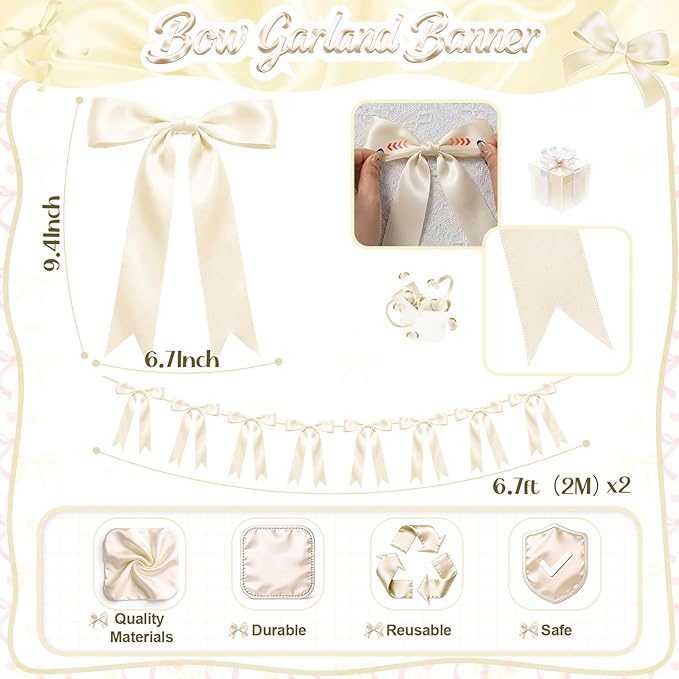 2 Strings Cream Bow Garland Banner Decorations, 16Pcs Pre-Strung Satin Ribbon with 6.7ft Chain for Ivory White Ribbon Bow Coquette Room Birthday Baby Bridal Shower Wedding Bachelorette Party Decor