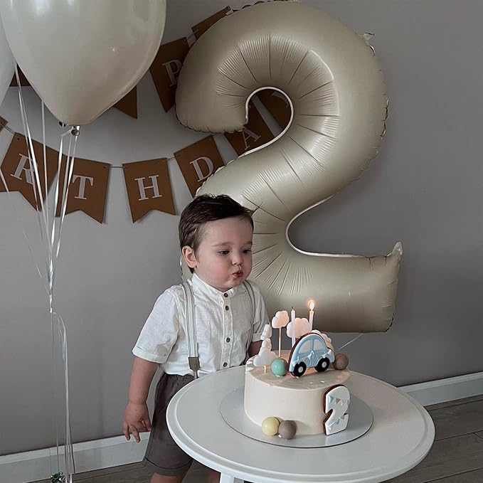 Number 2 Balloon Beige,40 Inch Large Cream Foil 2 Helium Balloons for Boys Girls Birthday Anniversary Decorations