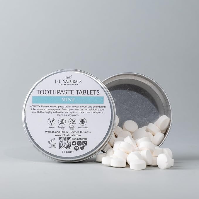 J&L Naturals Toothpaste Tablets | 62-Pack Travel-Friendly Toothpaste | Fluoride + Plastic Free, Vegan, Cruelty Free, Sustainable | Woman-Owned Small Business (Mint, 62 Count (Pack of 2))