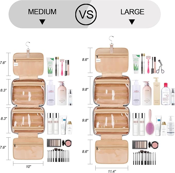 COOSKY Travel Hanging Toiletry Bag for Women, Holds Full-Size Shampoo, with Jewelry Organizer Compartment, Extra Large Makeup Bag, Waterproof Cosmetic Bag, Toiletries Kit Set with Trolley Belt, Grey