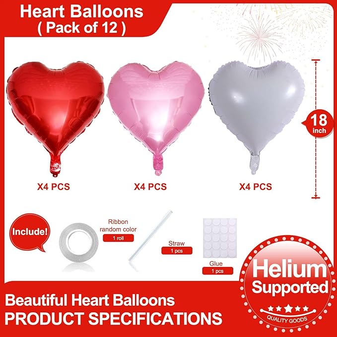 Lovoir 12 Pcs Red Heart Shape Foil Mylar Balloons 18 Inch Love Balloons for Valentine's Day Birthday Party Decorations Wedding Engagement Romantic Decor (Red & White & Pearl Pink)