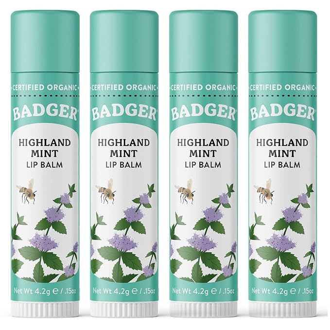 Badger Highland Mint Classic Lip Balm, 100% Organic Balm Long Lasting Lip Moisturizer w/Light Silky Texture, Refreshing, Invigorating & Soothing Mint Lip Balm, 4 Pack