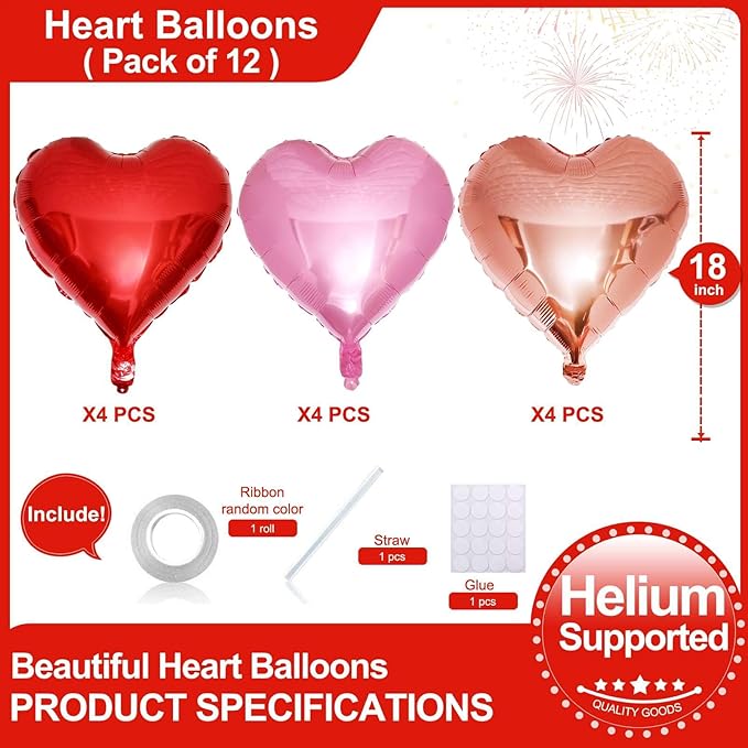 Lovoir 12 Pcs Red Heart Shape Foil Mylar Balloons 18 Inch Love Balloons for Valentine's Day Birthday Party Decorations Wedding Engagement Romantic Decor (Red & Pearl Pink & Rose Gold)