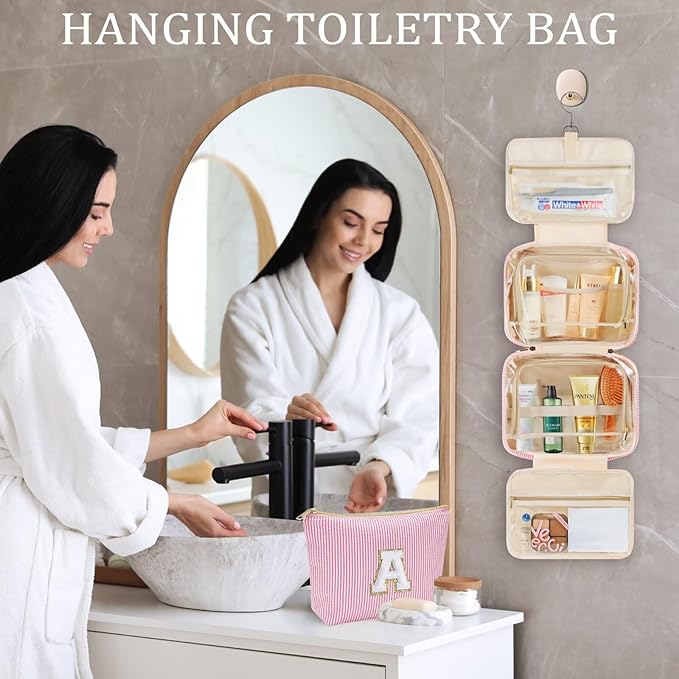 YOOLIFE Mothers Day Gifts for Mom Daughter - Initial Hanging Toiletry Bag, Birthday Gifts for 8 9 10 11 12 13 14 15 16 Year Old Girls, Travel Makeup Bag Gift for Women Girls Sister, Letter A, Pink