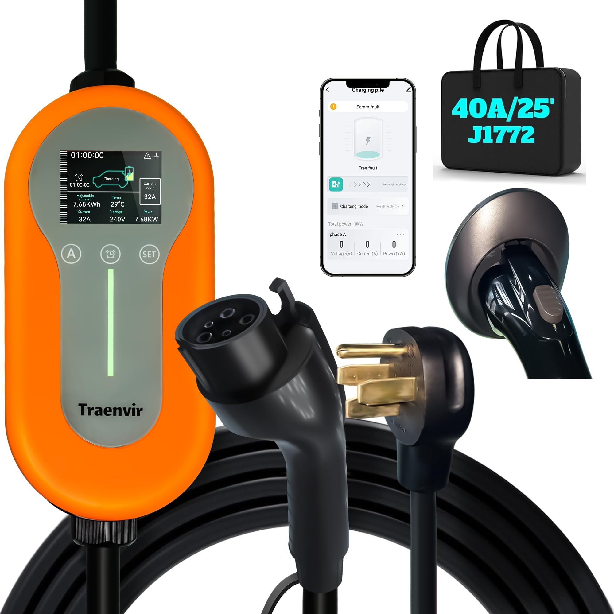 Traenvir Portable EV Charger Level 2, 40Amp EV Charger for All SAE J1772 EVs, 240V 9.6KW Electric Vehicle Charging Stations with