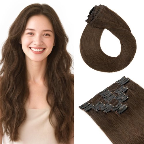 TESS Seamless Clip in Hair Extensions Human Hair Remy Clip ins Natural Soft Straight 8pcs 18Clips, 20 Inch, Dark Brown