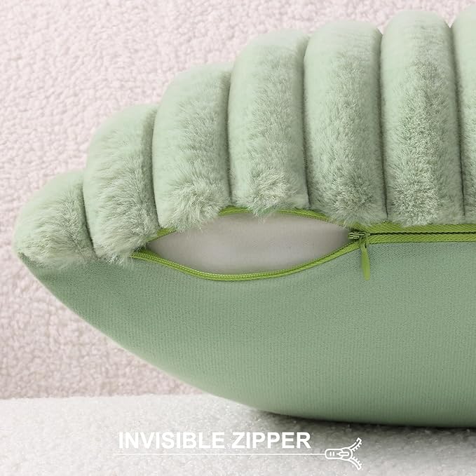 Pallene Faux Fur Plush Throw Pillow Covers 22x22 Set of 2, Luxury Soft Fluffy Striped Decorative Pillow Covers for Sofa, Couch, Living Room, Sage Green
