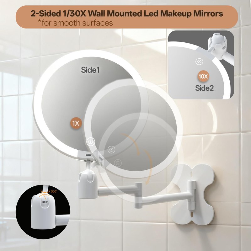 6" Led Wall Mounted Makeup Mirror Double Sided 1/30X, 1-Second Install Lightweight Compact Wall Mirror with Light, Rechargeable Extendable Magnifying Mirror for Bathroom, Wall Vanity Mirrors (1+30X)