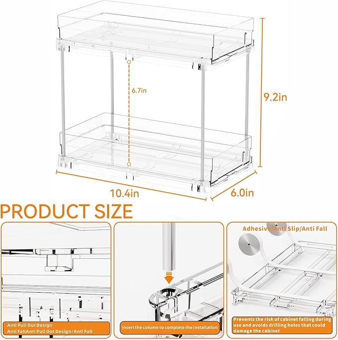 Yieach 4 Set Clear Pull Out Bathroom Organizers and Storage,2 Tier Under Sink Organizer and Medicine Cabinet Organizer,Small Slide Out Drawers for Pantry,Under Cabinet,Kitchen Storage and Organization