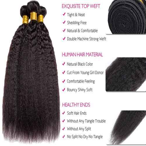 24 26 28 Inch Yaki Straight Bundles Human Hair Color #1B Bundles Human Hair Unprocessed Brazilian Virgin Hair 3 Bundles Natural Black Color Kinky Straight Bundles