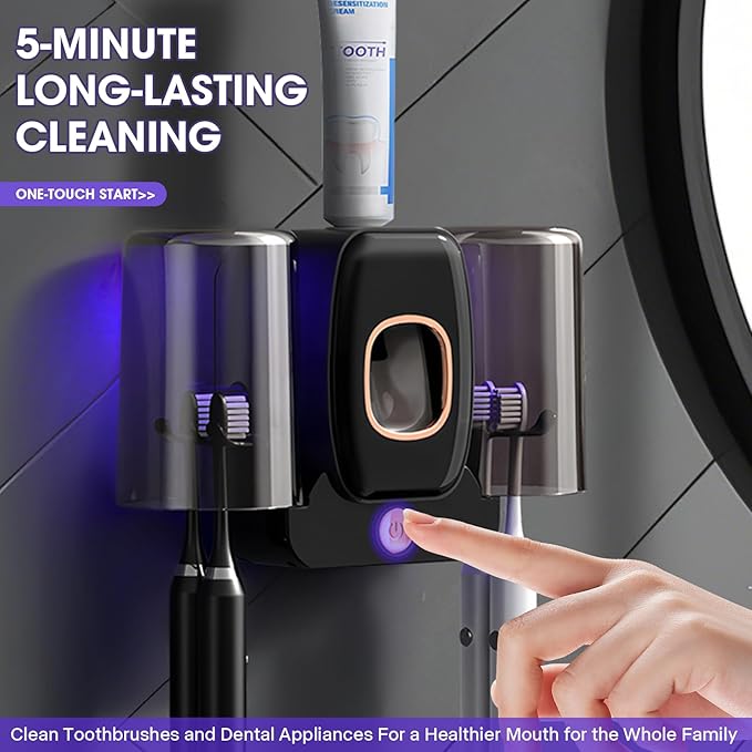 3 in 1 Toothbrush Cleaner Holders,Rechargeable Wall Mounted Toothbrush Holder Toothpaste Dispenser Automatic 2 Cups Tooth Brush Holder for Bathroom, No Drilling, 4 Slots (Black)