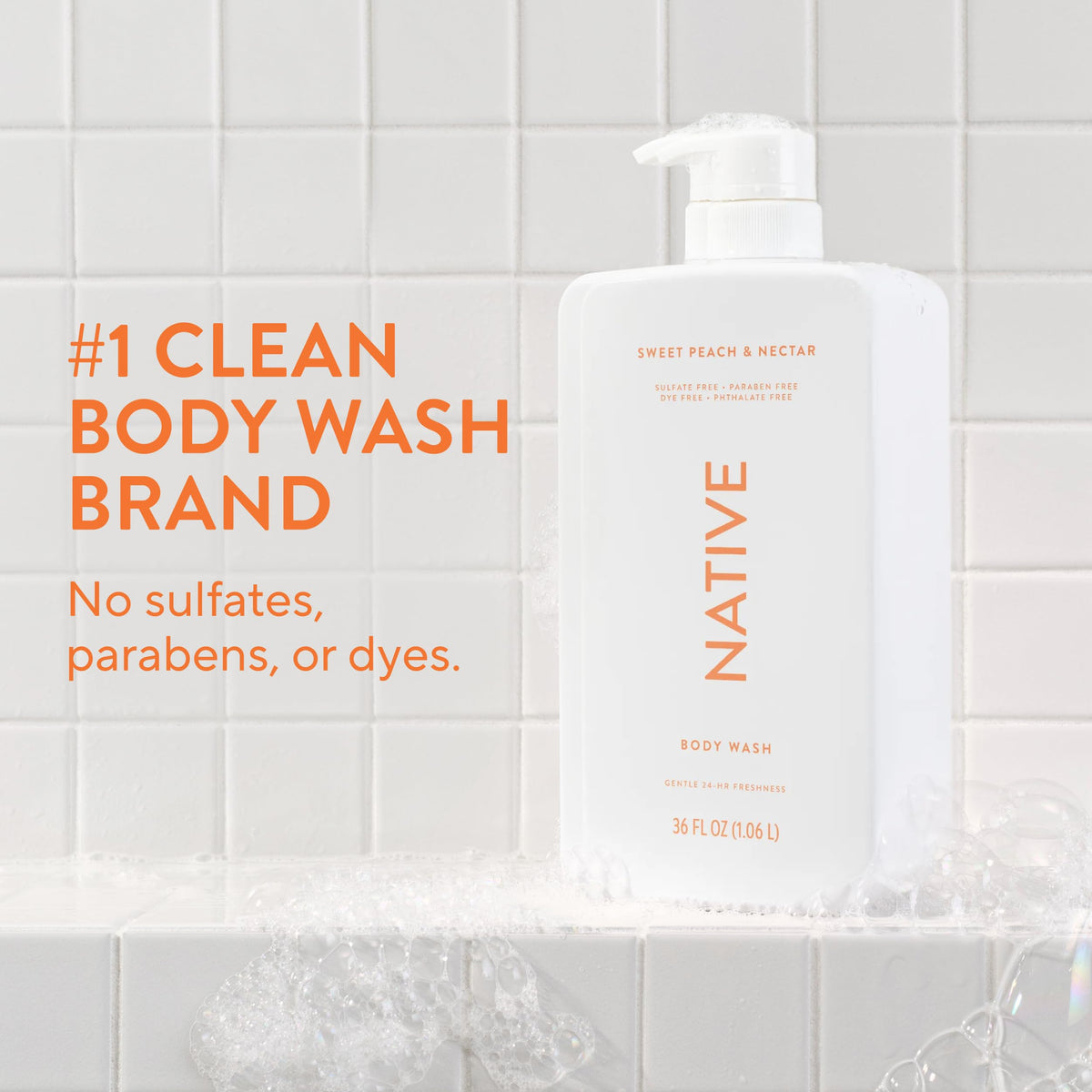 Native Body Wash for Women & Men, Sweet Peach & Nectar, 36 oz Pump Bottle, Sulfate-Free & Gentle