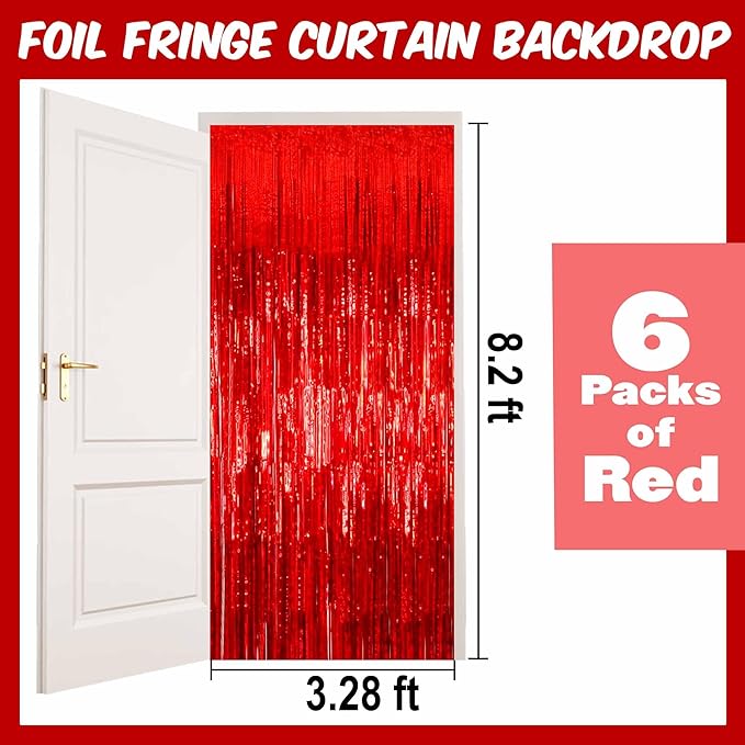 6 Pack Red Foil Fringe Curtains Backdrop, 3.28 x 8.2 Ft Metallic Streamers Tinsel Curtains Background for Photo Booth, Birthday, Christmas, Halloween, Thanksgiving, New Year Party Decorations