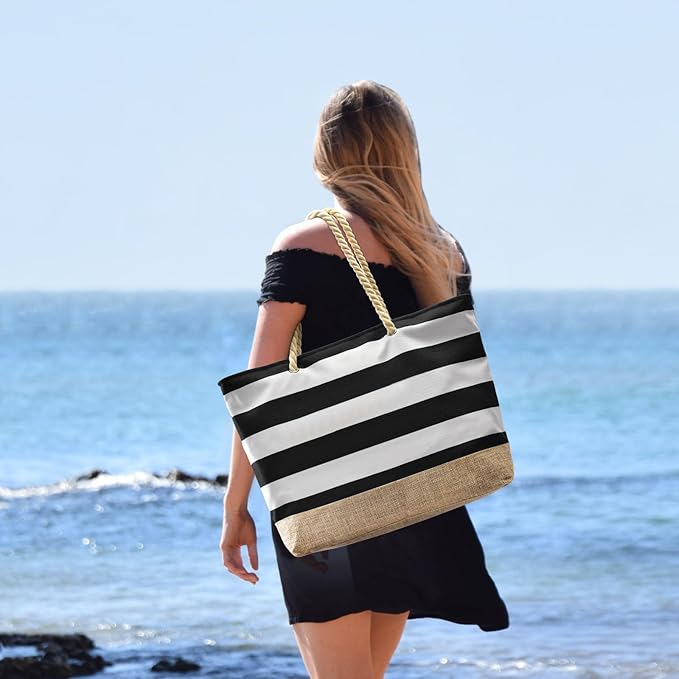 Becokan Beach Bags for Women Large Canvas Beach Tote Bag Beach Bags Waterproof Sandproof Swim Pool Bag Travel Essentials