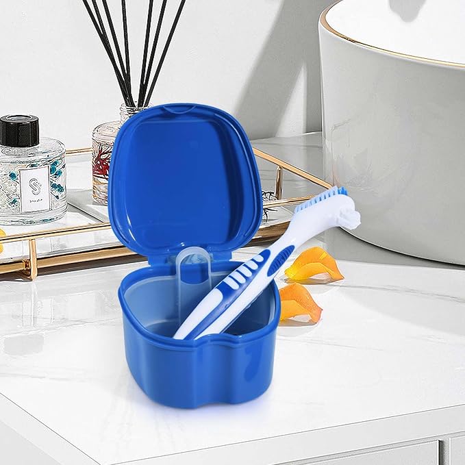 Blue Denture Bath Case Cup Box Holder Storage Container with Denture Cleaner Brush Strainer Basket for Travel Cleaning