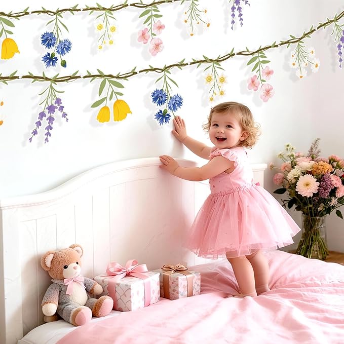 JIAYIQI 2PCS Wildflower Party Decorations - 7.9FT Pre-Strung Floral Garlands for Baby Shower Bloom Birthday Tea Party Wedding - Reusable & DIY Hanging Flower Garland for Garden Theme & Spring