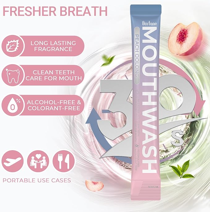 Protable Mouthwash Packets for Travel, Peach Oolong-Tea Flavor, Alcohol-Free, Non-Burning, 15ml/pcs 30 Single Use, TSA Approved for On-The-Go Fresh Breath, Perfect for Work, Gym& Date