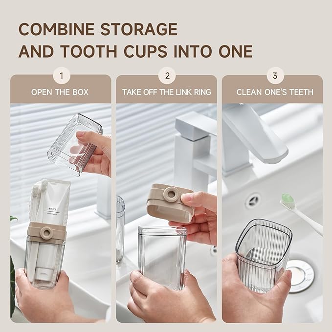 Toothbrush Travel Case, 2 in 1 Toothbrush Holder and Rinse Cup, Large Capacity Toothbrush Cup with Cover, Portable Travel Toothbrush Holder for Traveling, Camping, Trip - 1Pcs - Beige&Clear