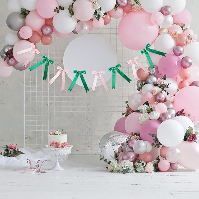 2 Strings Bow Garland Pink Green Bow Garland Banner Hanging Birthday Decorations for Party Decorations Bachelorette Wedding Party Baby Shower Graduation 16pcs