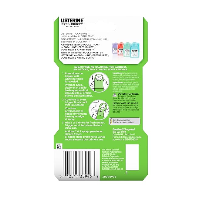 Listerine Freshburst Pocketmist Fresh Breath Oral Care Mist, Non-Aerosol Sugar-Free Minty Breath Refresher Spray to Kill 99% of Bad Breath Germs, Portable, Spearmint Flavor, 6 x 7.7 mL