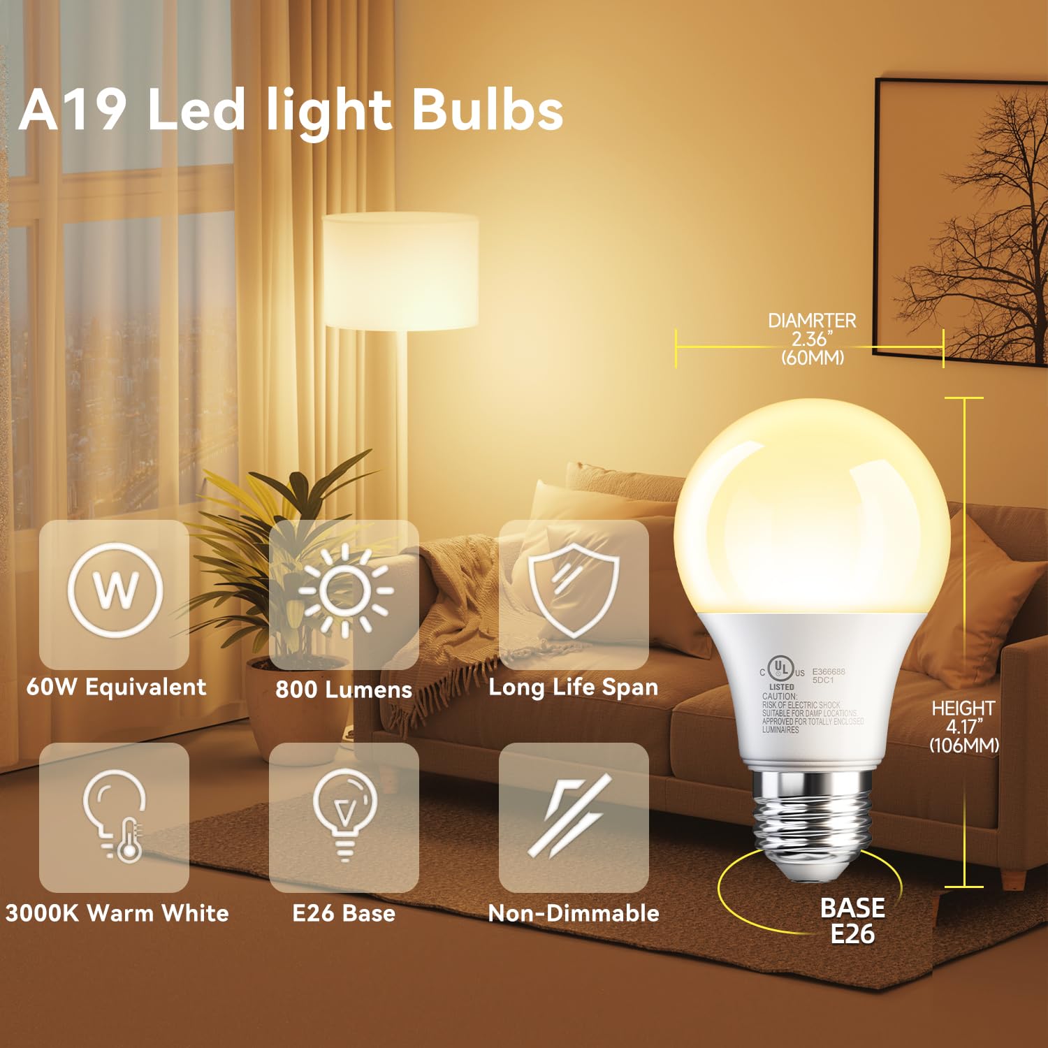 TJOY 6 Pack A19 LED Light Bulbs, 60 Watt Equivalent LED Bulb, Warm White 3000K, Efficient 9W, E26 Standard Base, Non Dimmable Energy Saving Lightbulb, 800LM, 80 CRI, 120V, UL Listed