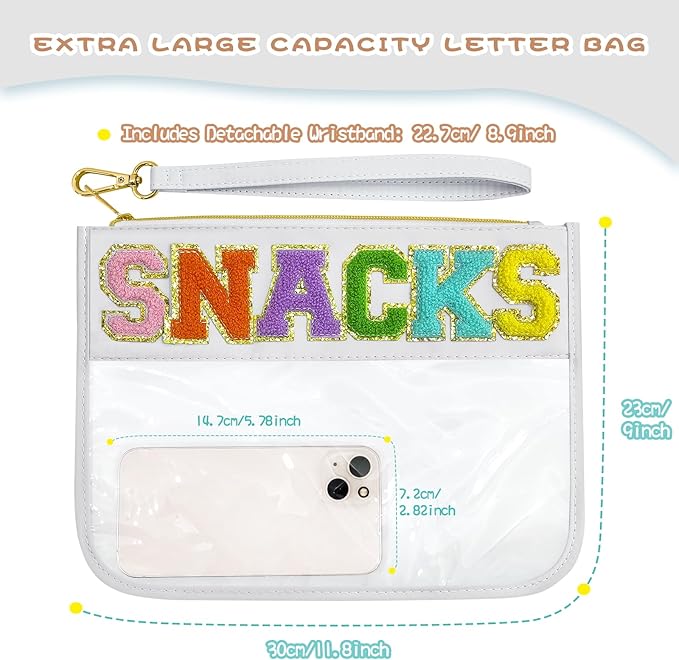 Chenille Letter Clear Travel Zipper Pouch Nylon Makeup Bag, Preppy Makeup Bag Clear Cosmetic Toiletry Bag, Water-proof Makeup Travel Pouch Snack Bags for Women (White-Snacks)