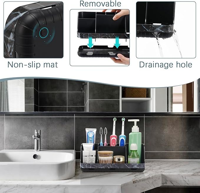 Marble Black Toothbrush Holders for Bathrooms - Detachable 7 Slots Bathroom Organizer Countertop Matte Black Electric Toothbrush and Toothpaste Holder for Bathroom Counter Vanity Sink Storage
