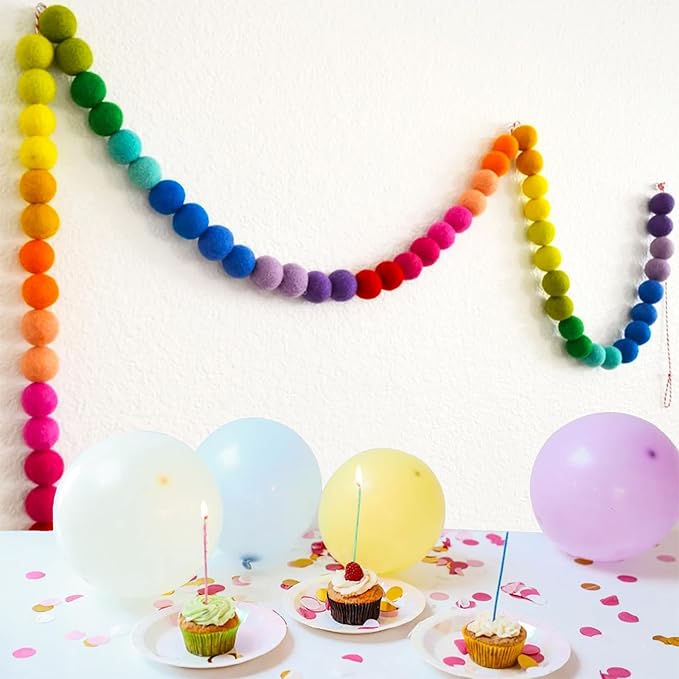 Colorful Wool Felt Ball Banner Garland, Handmade Rainbow Pom Pom Garland for Mantle, Wall, Table Centerpiece | Spring Decorations for Birthday, Christmas Home Kids Playroom Decor 6.56 Ft 60 Balls