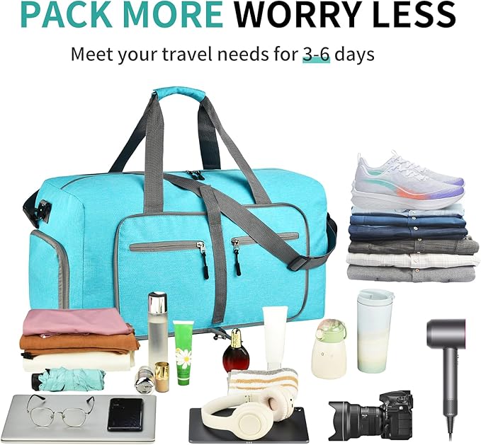 Dimayar 85L Travel Duffle Bag for Men Women - Foldable Duffel Bag with Shoes Compartment - Overnight Bags Waterproof & Tear Resistant(Mint Green)