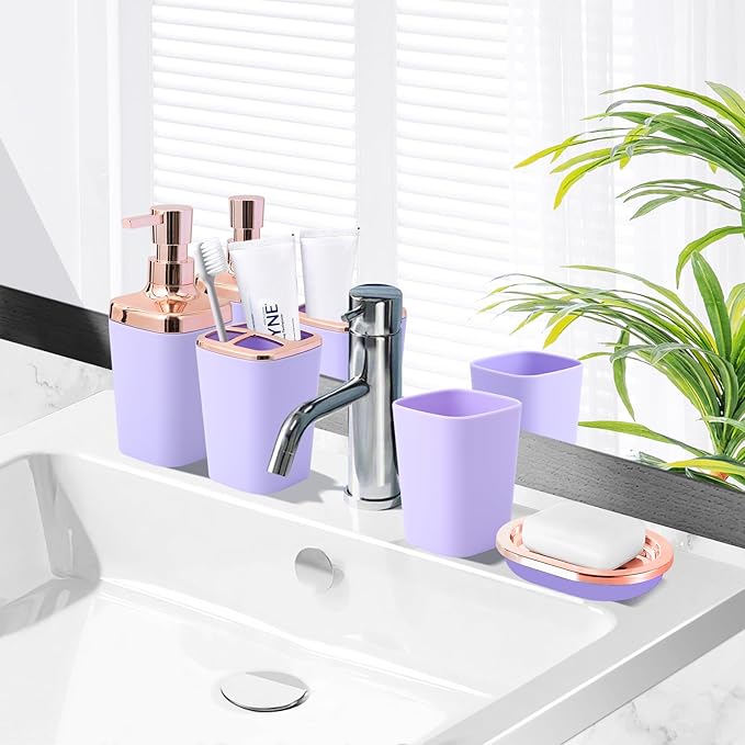 9-Piece Bathroom Accessories Set, Purple Bathroom Accessories Sets Complete with Trash Can,Tray,Soap Dispenser,Toothbrush Holder,Toothbrush Cup,Soap Dish,Toilet Brush and Q-tip Holders