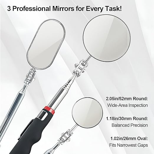Telescoping Inspection Mirror with Rotating Head,Extendable Mechanic Mirror with Long Handle and Clip-On Design for Mechanics, Dentists, Auto, Boat (2.05in Round &1.18in Round & 1.02 * 1.97in Oval)