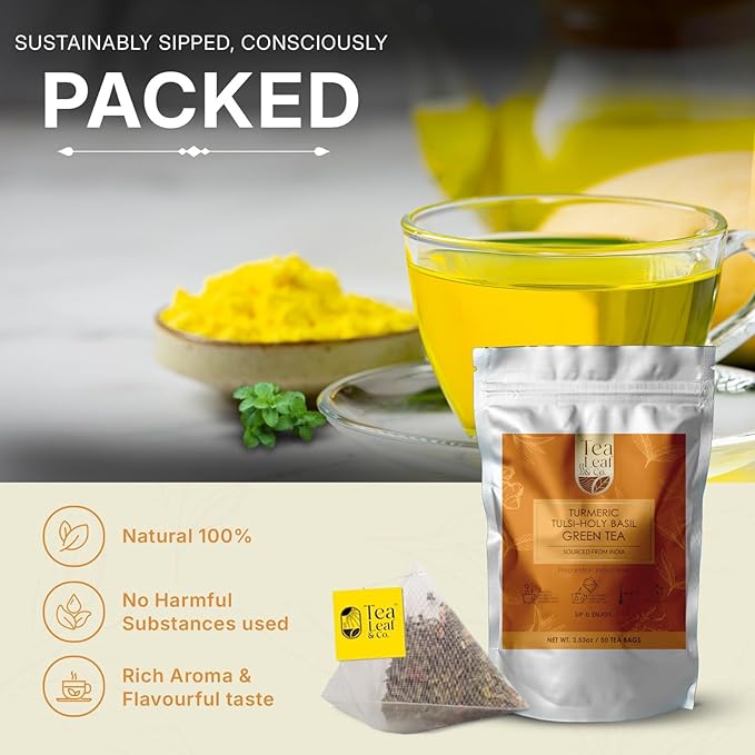 Turmeric Tulsi Tea Bags (50 Count), Green Tea with Turmeric & Peppermint, Stress Relieving, Low Caffeine Gluten Free, Whole Loose-Leaf Pyramid Tea Bags