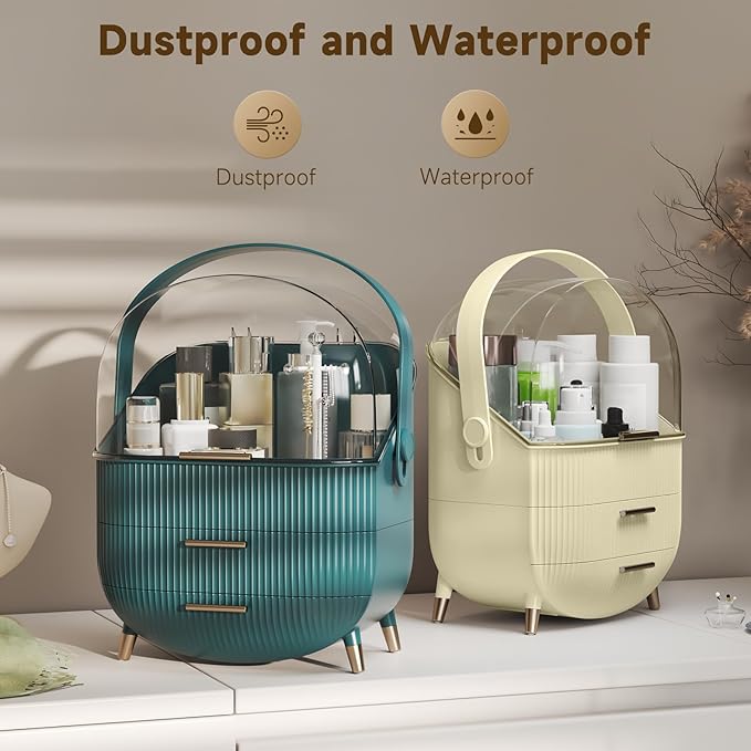 Makeup Organizers, Make Up Organizer for Vanity, Countertop Cosmetic Storage with Drawers and Transparent Cover for Bedroom Bathroom, Maize-yellow