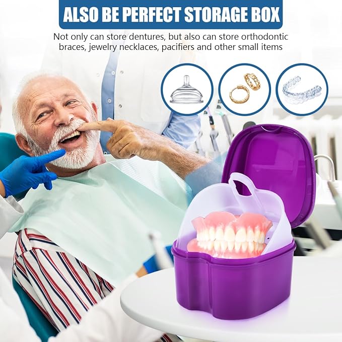 2 Pack Denture Bath Case Cup Box Holder Storage Container with Denture Cleaner Brush Strainer Basket for Travel Cleaning (Light Blue and Purple)