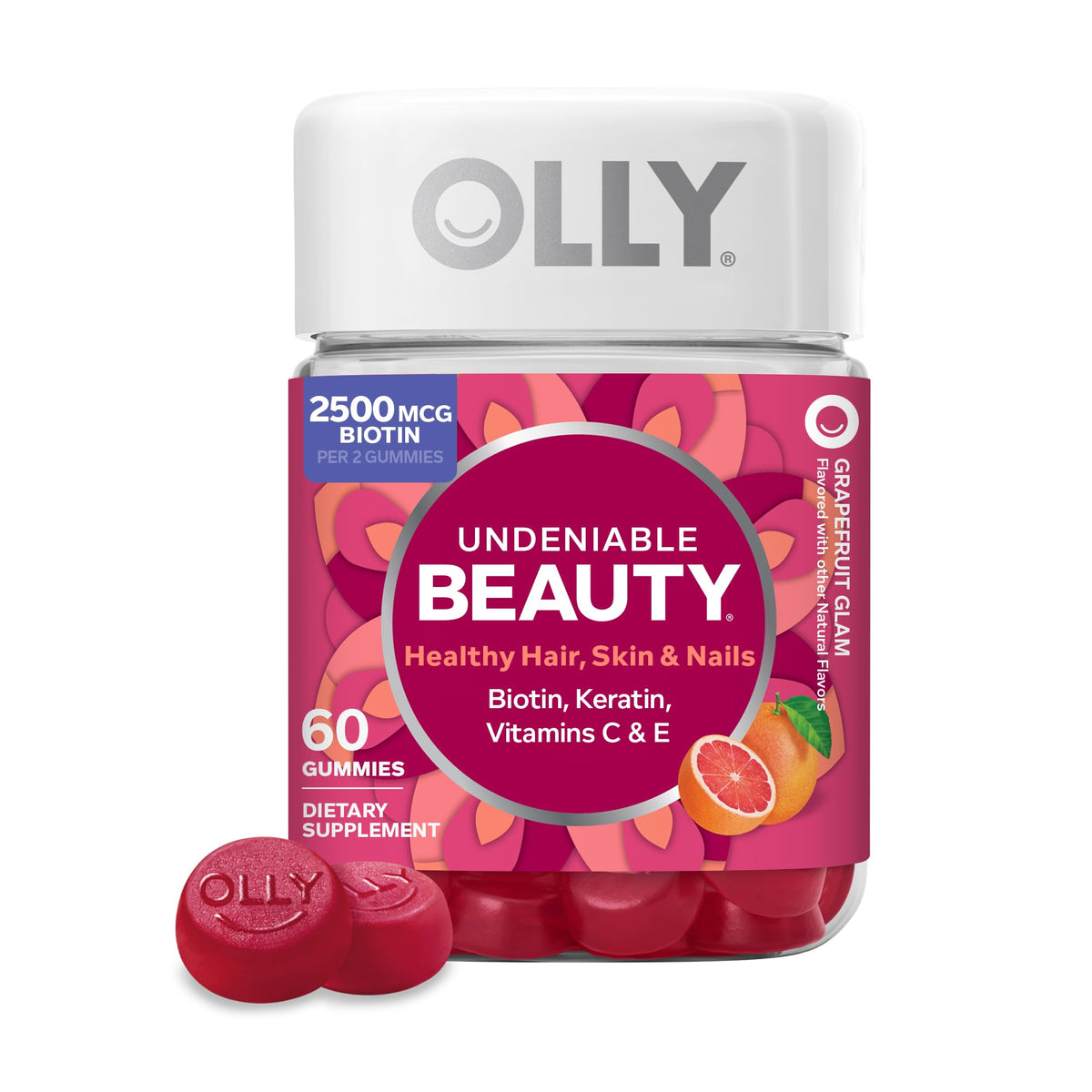 OLLY Hair Skin and Nails Gummies - Undeniable Beauty with Biotin 2500mcg Per 2 Gummies, Keratin & Vitamin C - Supports Healthy Hair, Skin, & Nails - Grapefruit Flavor - 60 Count