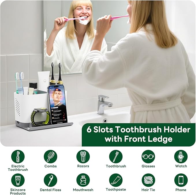 Toothbrush Holders for Bathrooms, Adjustable 6 Slots Electric Toothbrush and Toothpaste Holder, Cord-Friendly Detachable Bathroom Countertop Organizer with Front Ledge for Phone and Ring Holder