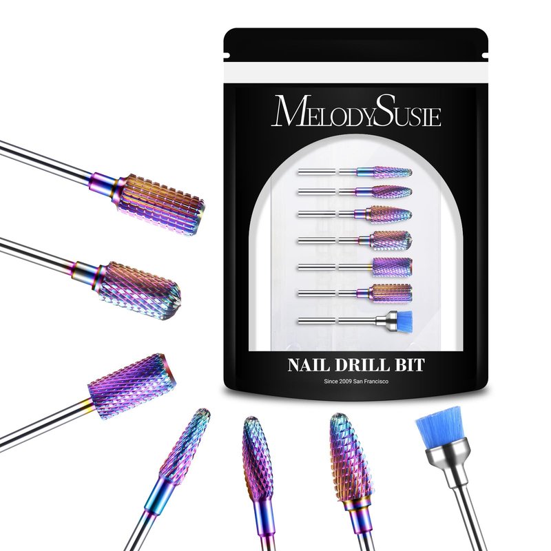 MelodySusie Nail Drill Bits Set, 7pcs Tungsten Carbide Diamond Nail Drill Bits for Acrylic Nails Poly Gel Cuticle Remove, 3/32'' Professional Nail Bits for Nail Drill Efile (A-Colorful)