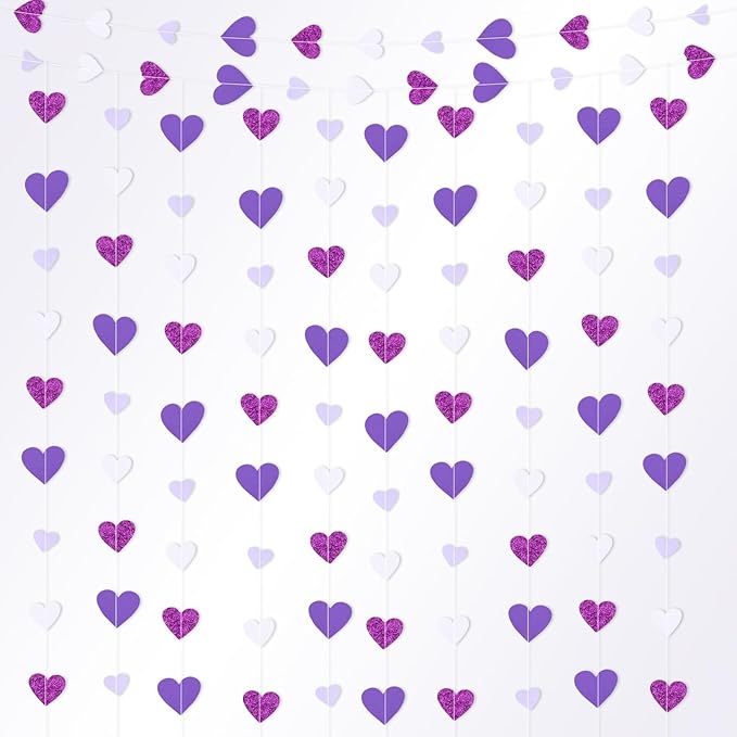 10 Pack 130ft Purple Lavender White Holographic Heart Party Garland Asymmetrical Love Hanging Banners for Birthday Wedding Baby Bridal Shower Engagement Bachelorette Graduation Decorations