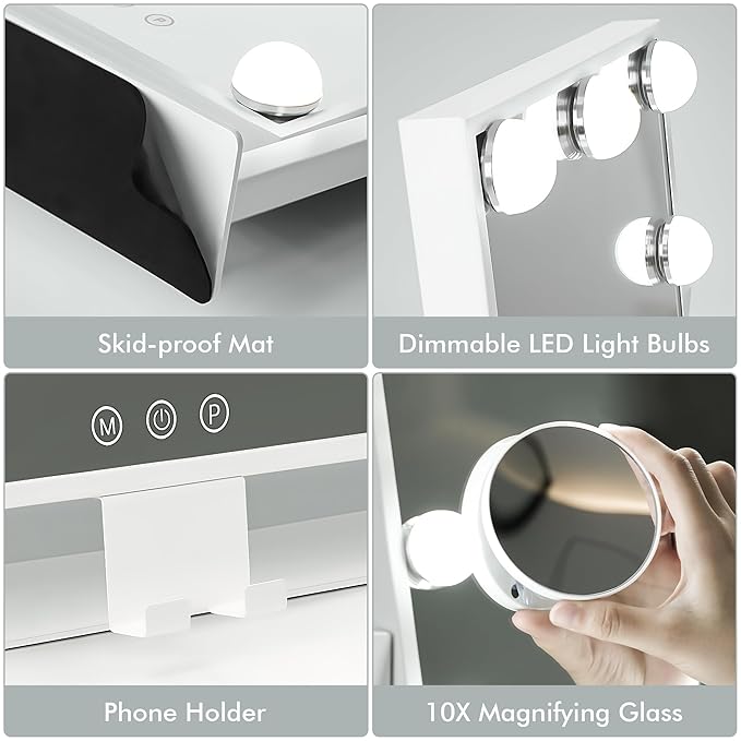 Kottova Lighted Makeup Mirror, Hollywood Vanity Mirror with Lights, Three Color Modes, with Detachable 10x Zoom Mirror, Smart Touch Control, Metal Frame, 360° Rotation（14.1in,White）