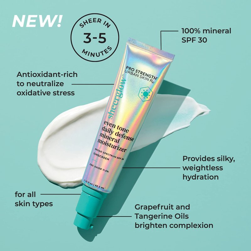 Urban Skin Rx® Pro Strength Sheerglow Even Tone Daily Defense Mineral Moisturizer & Broad-Spectrum Sunscreen SPF 30, Weightless Hydration, Brightens Complexion, Prevents Signs of Aging, 2.25 FL Oz