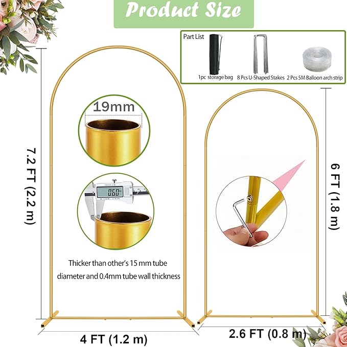 Metal Arch Backdrop Stand 7.2FT+6FT Wedding Arch Backdrop Stand Set of 2 Gold Arch Backdrop Stand for Valentines Day Party Wedding Ceremony Baby Shower Birthday Floral Balloon Decration
