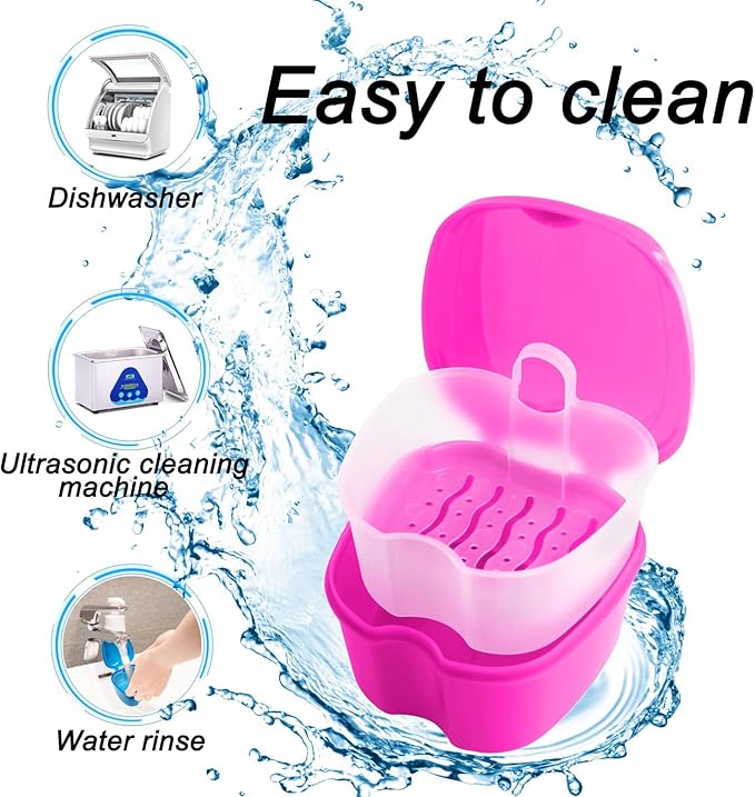 Keedolla 2 Pack Denture Bath Box Cup Retainer Cleaner Case with Strainer Basket, Mouth Guard Cleaning Case Denture Storage Soaking Holder - Black & Rose Red